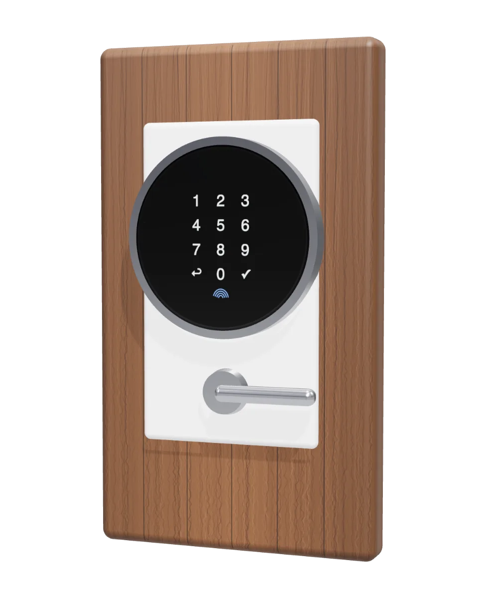 Chapa con teclado y huella instalada en una puerta de madera